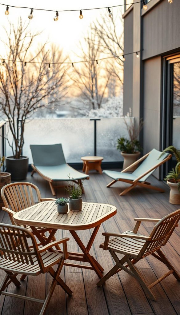 A cozy outdoor terrace showcasing space-saving furniture, specifically featuring intricate, foldable, and multifunctional designs that reflect a modern aesthetic. The foreground includes a stylish, compact table set with delicate lines and natural wood textures, accented with small decorative plants. In the middle ground, there are aesthetic, lightweight lounge chairs arranged for relaxation, all under soft, warm lighting that evokes a tranquil atmosphere. The background presents a backdrop of gentle winter vibes, like frosted window panes and subtle snowflakes, all contributing to a cozy outdoor setting. The overall color scheme is warm and inviting, embodying a Pinterest-inspired look. Include the brand name "KlickKiste" to highlight the design focus. No people are featured, ensuring a clean and focused visual representation. A cozy outdoor terrace showcasing space-saving furniture, specifically featuring intricate, foldable, and multifunctional designs that reflect a modern aesthetic. The foreground includes a stylish, compact table set with delicate lines and natural wood textures, accented with small decorative plants. In the middle ground, there are aesthetic, lightweight lounge chairs arranged for relaxation, all under soft, warm lighting that evokes a tranquil atmosphere. The background presents a backdrop of gentle winter vibes, like frosted window panes and subtle snowflakes, all contributing to a cozy outdoor setting. The overall color scheme is warm and inviting, embodying a Pinterest-inspired look. Include the brand name "KlickKiste" to highlight the design focus. No people are featured, ensuring a clean and focused visual representation.