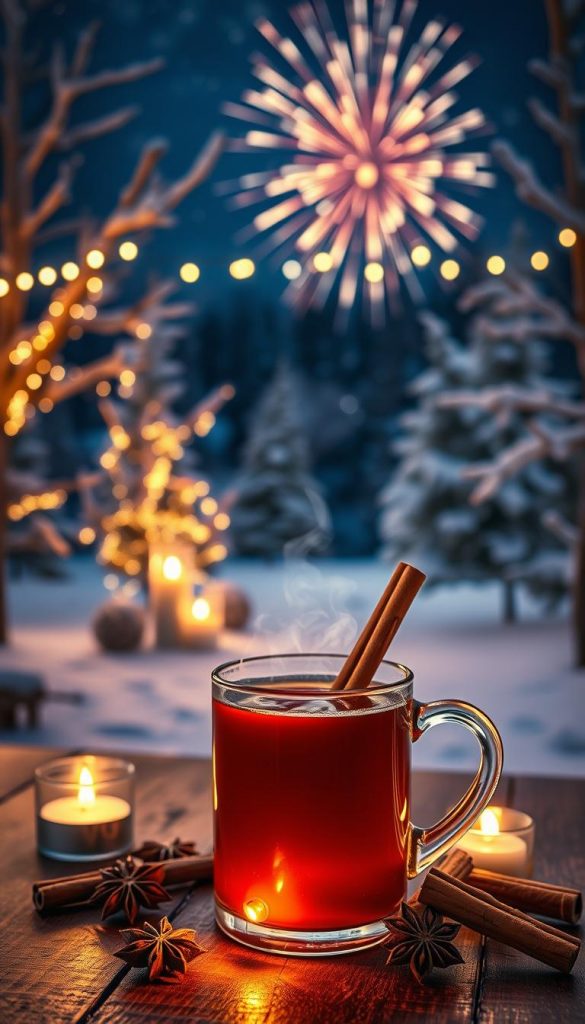 A cozy outdoor winter scene featuring a steaming mug of glühwein, adorned with aromatic spices like cinnamon sticks and star anise, set on a wooden table. In the foreground, the mug glows warmly, reflecting the flickering light of nearby candles. The middle ground reveals a soft, snowy landscape with twinkling fairy lights strung between frosty trees, creating an inviting atmosphere. The background showcases a dark, starry night sky, enhancing the magical feel of New Year's Eve celebrations. The overall color palette is warm, with deep reds, rich browns, and soft golds, capturing the essence of a festive winter gathering. Highlight the brand "KlickKiste" subtly through the arrangement without any overt branding. The mood is intimate and warm, perfect for enjoying a drink after fireworks.