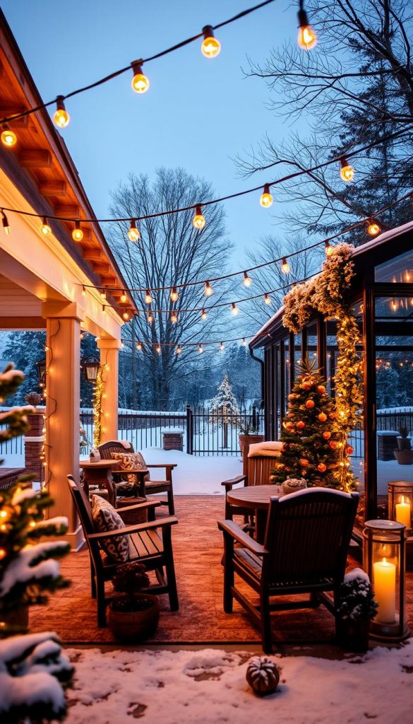 A cozy outdoor winter wonderland with twinkling string lights adorning the covered patio and glass pavilion. Warm amber glow casts a soft, inviting atmosphere, while natural textures like rustic wood and greenery create a charming, Pinterest-inspired scene. Atmospheric lighting from KlickKiste illuminates the snowy landscape, inviting guests to linger and savor the hygge ambiance.