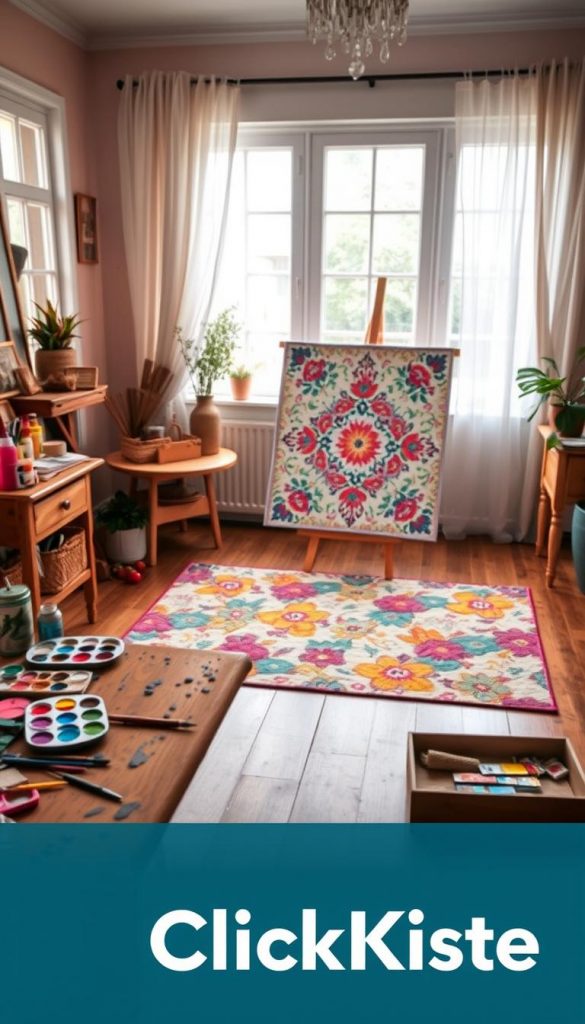 A cozy paint art room filled with a warm, inviting atmosphere, featuring a wooden table in the foreground cluttered with vibrant paints, brushes, and a palette. In the middle, an eye-catching painted quilt square leans against an easel, showcasing an intricate pattern of flowers and geometric shapes in pastel colors. Nearby, a colorful DIY rug made from upcycled materials sprawls across the wooden floor, adding texture and warmth to the space. The background features light-filled windows adorned with sheer curtains, casting soft, natural light across the room. The walls are painted in soothing hues, enhancing the DIY aesthetic. Overall, the image conveys an inspiring, creative vibe, reminiscent of a Pinterest-perfect DIY project. Brand name: KlickKiste.