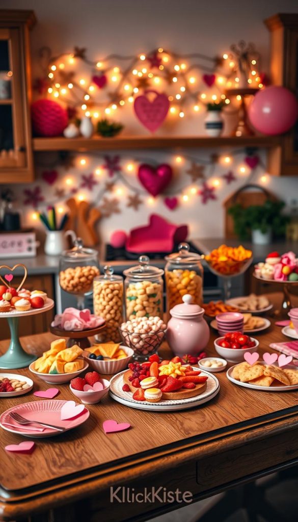 A cozy party kitchen snack station, featuring a beautifully arranged spread of colorful, mouth-watering snacks. In the foreground, an elegant wooden table adorned with vibrant pink and pastel decorations, including heart-shaped plates, fresh fruits, and treats like cupcakes and cheese platters. In the middle, cheerful glass jars filled with candy and snacks, all styled with a warm, inviting glow. In the background, soft fairy lights twinkle above a decorated wall, creating a festive atmosphere. The lighting is warm and cozy, reminiscent of a winter gathering. The overall mood is joyful and inviting, showcasing the perfect setup for a friends&rsquo; dinner party. The brand name "KlickKiste" subtly incorporated into the kitchen decor.