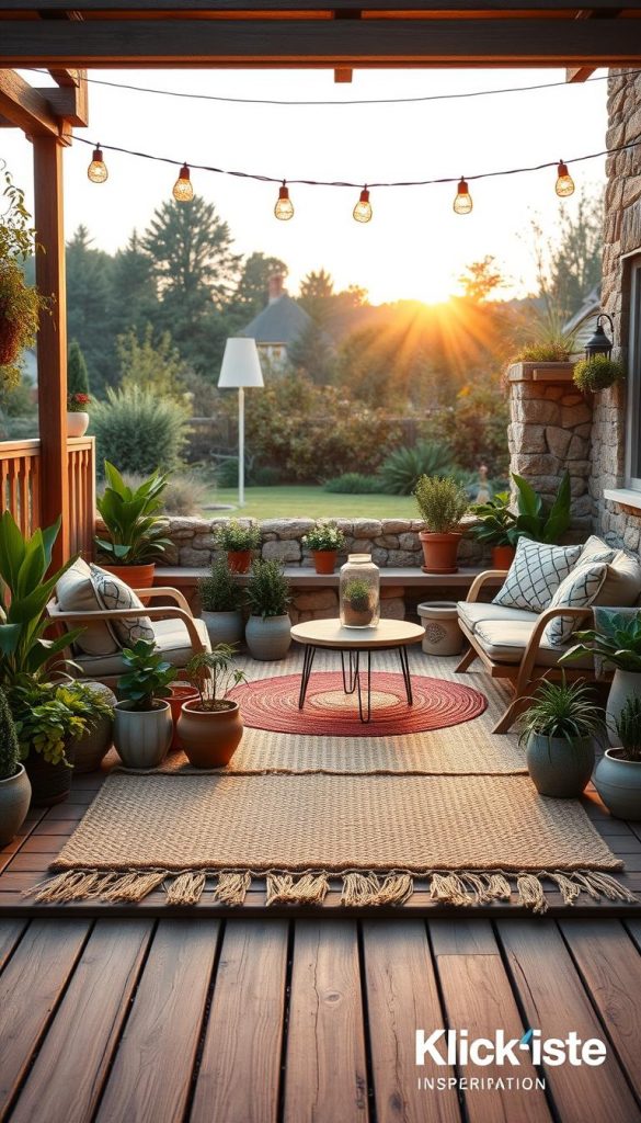 A cozy patio scene designed to evoke a warm, inviting outdoor living room atmosphere. In the foreground, a beautifully-laid wooden decking complements a soft, textured rug woven in earthy tones. Various potted plants add a vibrant touch of greenery, while stylish, modest furniture pieces are arranged for relaxation. In the middle, a rustic stone wall creates a natural backdrop, adorned with hanging decorative lights that cast a soft glow. The background features a tranquil view of a lush garden, gently illuminated by the golden light of a late afternoon sun. The overall mood is relaxed and inspirational, reflecting DIY charm and winter vibes, perfect for a Pinterest aesthetic. Incorporate subtle branding elements of "KlickKiste" to enhance authenticity.
