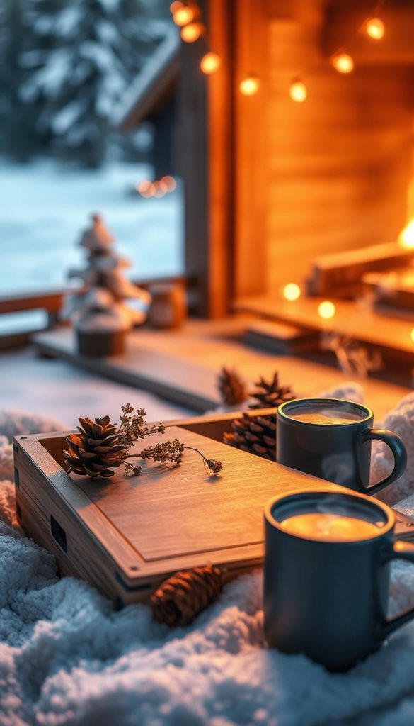 A cozy, personalized &quot;KlickKiste&quot; gift: A handmade wooden box filled with thoughtful trinkets, nestled in a snowy winter scene. Warm lighting casts a soft glow, highlighting the natural textures and rustic charm. In the foreground, the box's surface reflects the fireplace's flickering flames, creating a intimate, inviting atmosphere. The middle ground features a sprinkling of pinecones, dried flowers, and a mug of steaming hot cocoa, evoking a sense of hygge. The background portrays a picturesque winter landscape, with a softly blurred snowy forest and a glimpse of a cabin in the distance. The overall mood is one of heartfelt, handcrafted charm and personal connection.