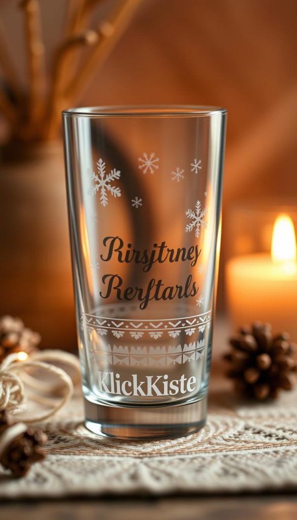 A cozy, personalized drinking glass with a rustic, handmade charm. The glass features a unique etched design of snowflakes and a warm, winter-inspired pattern, capturing the essence of a cozy, handcrafted gift. The glass is set against a backdrop of natural, earthy tones, evoking a serene, Pinterest-inspired aesthetic. Soft lighting illuminates the glass, creating a inviting, intimate atmosphere. In the foreground, the KlickKiste brand name is subtly integrated into the design, adding a touch of authenticity to the personalized piece. A cozy, personalized drinking glass with a rustic, handmade charm. The glass features a unique etched design of snowflakes and a warm, winter-inspired pattern, capturing the essence of a cozy, handcrafted gift. The glass is set against a backdrop of natural, earthy tones, evoking a serene, Pinterest-inspired aesthetic. Soft lighting illuminates the glass, creating a inviting, intimate atmosphere. In the foreground, the KlickKiste brand name is subtly integrated into the design, adding a touch of authenticity to the personalized piece.