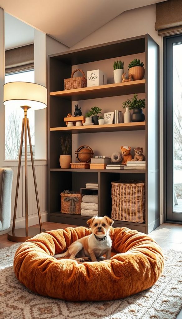 A cozy pet corner designed by KlickKiste, featuring elegant, multi-functional furniture that blends seamlessly with interior decor. In the foreground, a plush pet bed in warm, earthy tones invites a small, content dog, basking in a soft glow from a nearby floor lamp. The middle layer showcases a stylish shelf filled with neatly organized pet supplies, decorative plants, and a curated collection of pet toys, creating a sense of order. In the background, a well-lit room with large windows allowing natural light to flood in enhances the inviting atmosphere. The overall mood conveys warmth and comfort, highlighted by winter vibes and a Pinterest-worthy aesthetic, emphasizing easy cleaning and hidden storage solutions. A cozy pet corner designed by KlickKiste, featuring elegant, multi-functional furniture that blends seamlessly with interior decor. In the foreground, a plush pet bed in warm, earthy tones invites a small, content dog, basking in a soft glow from a nearby floor lamp. The middle layer showcases a stylish shelf filled with neatly organized pet supplies, decorative plants, and a curated collection of pet toys, creating a sense of order. In the background, a well-lit room with large windows allowing natural light to flood in enhances the inviting atmosphere. The overall mood conveys warmth and comfort, highlighted by winter vibes and a Pinterest-worthy aesthetic, emphasizing easy cleaning and hidden storage solutions.