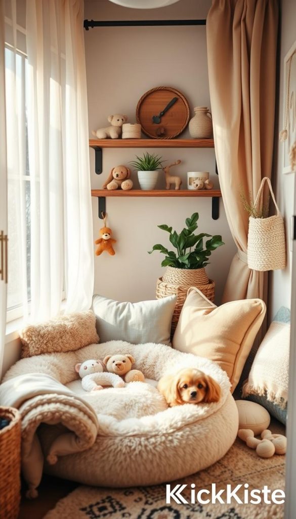 A cozy pet corner designed for a charming interior, featuring a warm, inviting atmosphere with natural DIY elements. In the foreground, a plush pet bed surrounded by soft blankets and pillows in soothing, earthy tones. In the middle, a rustic wooden shelf displays pet toys and a small potted plant, complemented by a stylish woven basket for pet supplies. The background shows a window with sheer curtains gently filtering the sunlight, casting a warm glow over the scene. The overall color palette consists of warm hues, evoking winter vibes and a Pinterest-worthy aesthetic. Capture the image in a soft-focus, using a slight overhead angle to emphasize the coziness of the space. Brand name "KlickKiste" subtly reflected in the decor, ensuring an authentic and inspiring setup. A cozy pet corner designed for a charming interior, featuring a warm, inviting atmosphere with natural DIY elements. In the foreground, a plush pet bed surrounded by soft blankets and pillows in soothing, earthy tones. In the middle, a rustic wooden shelf displays pet toys and a small potted plant, complemented by a stylish woven basket for pet supplies. The background shows a window with sheer curtains gently filtering the sunlight, casting a warm glow over the scene. The overall color palette consists of warm hues, evoking winter vibes and a Pinterest-worthy aesthetic. Capture the image in a soft-focus, using a slight overhead angle to emphasize the coziness of the space. Brand name "KlickKiste" subtly reflected in the decor, ensuring an authentic and inspiring setup.