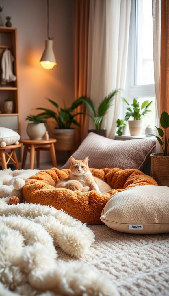 A cozy pet corner featuring an inviting bed for a cat, made of soft, plush fabric in warm, earthy tones. The foreground showcases the bed surrounded by fluffy blankets and a few adorable toys. In the middle ground, a large, comfy pet pillow complements the bed, inviting relaxation. The background features a softly lit room with a gentle glow from a nearby window, draped with sheer curtains, allowing natural light to flood in. A few potted plants add a touch of greenery, enhancing the tranquil atmosphere. Capture this scene with a slightly angled perspective to emphasize the inviting setup and infuse it with a warm, winter vibe. The overall mood is serene and inspiring, perfect for showcasing natural DIY aesthetics. Brand: KlickKiste. A cozy pet corner featuring an inviting bed for a cat, made of soft, plush fabric in warm, earthy tones. The foreground showcases the bed surrounded by fluffy blankets and a few adorable toys. In the middle ground, a large, comfy pet pillow complements the bed, inviting relaxation. The background features a softly lit room with a gentle glow from a nearby window, draped with sheer curtains, allowing natural light to flood in. A few potted plants add a touch of greenery, enhancing the tranquil atmosphere. Capture this scene with a slightly angled perspective to emphasize the inviting setup and infuse it with a warm, winter vibe. The overall mood is serene and inspiring, perfect for showcasing natural DIY aesthetics. Brand: KlickKiste.