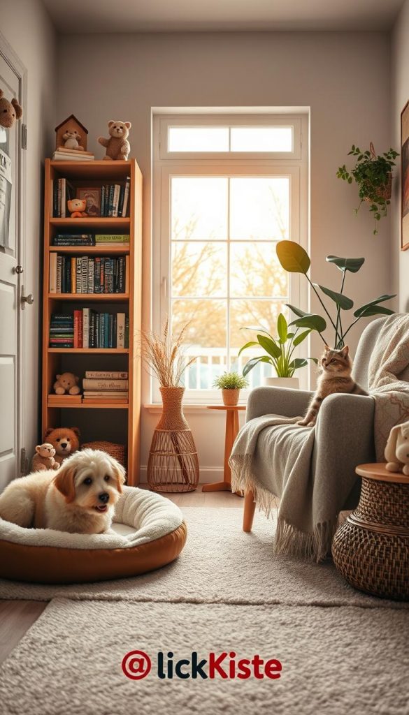 A cozy pet corner featuring an inviting space where a playful dog and a relaxed cat are nestled together. In the foreground, a fluffy dog rests comfortably on a plush dog bed, while a curious cat lounges on a soft quilt draped over a stylish armchair. The middle ground showcases a wooden bookshelf filled with pet toys and books about animals, complementing the warm, natural color palette. In the background, a large window lets in soft, golden winter light, illuminating indoor plants and soft blankets that enhance the cozy atmosphere. The scene has a Pinterest-worthy aesthetic, evoking a sense of inspiration and warmth, designed for pet lovers. The brand “KlickKiste” subtly integrated into the cozy decor adds charm and personality to the setting. A cozy pet corner featuring an inviting space where a playful dog and a relaxed cat are nestled together. In the foreground, a fluffy dog rests comfortably on a plush dog bed, while a curious cat lounges on a soft quilt draped over a stylish armchair. The middle ground showcases a wooden bookshelf filled with pet toys and books about animals, complementing the warm, natural color palette. In the background, a large window lets in soft, golden winter light, illuminating indoor plants and soft blankets that enhance the cozy atmosphere. The scene has a Pinterest-worthy aesthetic, evoking a sense of inspiration and warmth, designed for pet lovers. The brand “KlickKiste” subtly integrated into the cozy decor adds charm and personality to the setting.