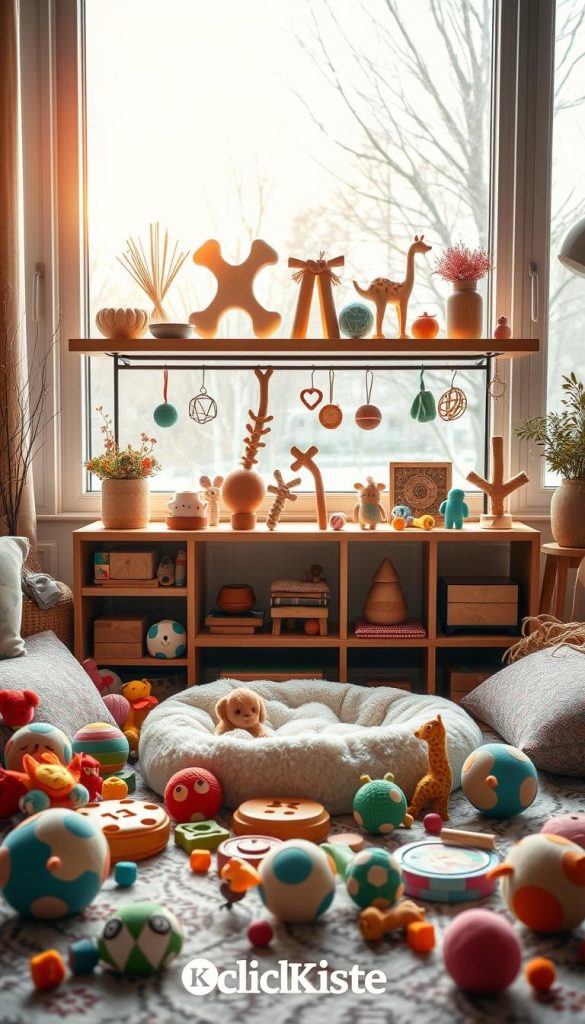 A cozy pet corner setup featuring a variety of charming toys, designed to integrate seamlessly with home decor. In the foreground, colorful plush toys and interactive puzzles are scattered around a soft pet bed, inviting playful exploration. The middle ground showcases a chic wooden shelf adorned with stylishly arranged DIY pet toys made from natural materials, reflecting warm, earthy tones. In the background, large windows let in soft, diffused winter light, casting a gentle glow that enhances the inviting atmosphere. The scene embodies a Pinterest-worthy blend of comfort and utility, creating an inspiring space for mental stimulation and fun. Brand name "KlickKiste" is subtly integrated into the design elements, ensuring a cohesive look. A cozy pet corner setup featuring a variety of charming toys, designed to integrate seamlessly with home decor. In the foreground, colorful plush toys and interactive puzzles are scattered around a soft pet bed, inviting playful exploration. The middle ground showcases a chic wooden shelf adorned with stylishly arranged DIY pet toys made from natural materials, reflecting warm, earthy tones. In the background, large windows let in soft, diffused winter light, casting a gentle glow that enhances the inviting atmosphere. The scene embodies a Pinterest-worthy blend of comfort and utility, creating an inspiring space for mental stimulation and fun. Brand name "KlickKiste" is subtly integrated into the design elements, ensuring a cohesive look.