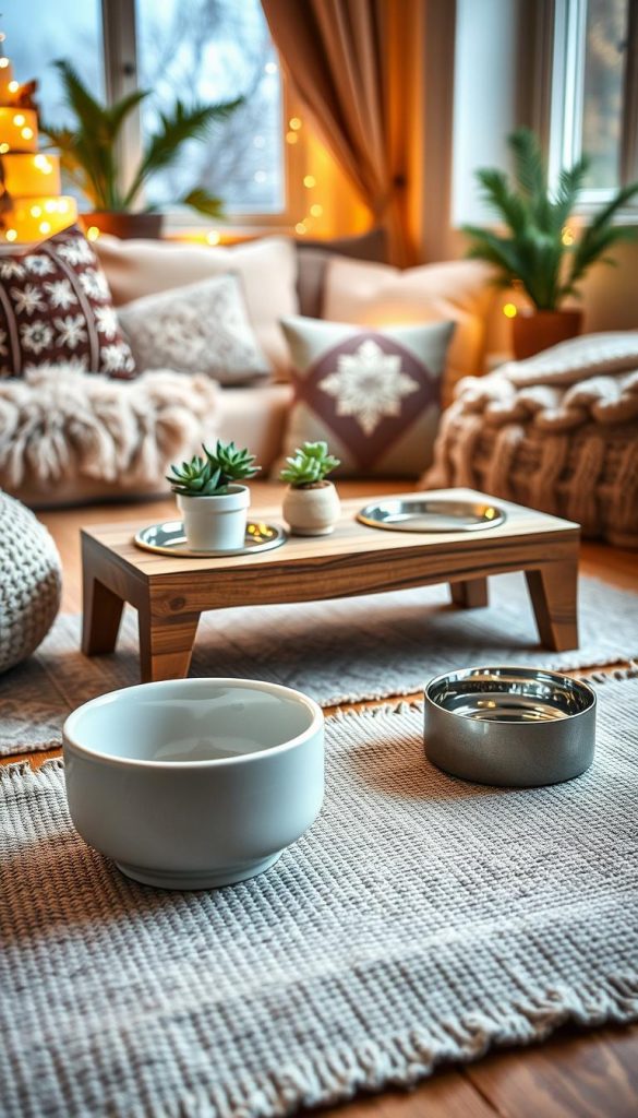 A cozy pet feeding area designed with a stylish and practical approach. In the foreground, there are two elegant ceramic pet bowls, one for food and one for water, positioned on a soft, textured mat. The middle layer features a wooden feeding station with a rustic finish, adorned with small, tasteful decorations like a potted succulent and a stylish, easy-to-clean surface. In the background, a warm, softly lit room is visible, featuring a winter-themed decor with plush cushions, twinkling fairy lights, and a hint of greenery peeking through a nearby window, creating a serene atmosphere. The overall mood is inviting and homey, reflecting natural DIY aesthetics in warm colors, perfect for the brand "KlickKiste." Soft lighting adds a welcoming glow, enhancing the cozy vibe. A cozy pet feeding area designed with a stylish and practical approach. In the foreground, there are two elegant ceramic pet bowls, one for food and one for water, positioned on a soft, textured mat. The middle layer features a wooden feeding station with a rustic finish, adorned with small, tasteful decorations like a potted succulent and a stylish, easy-to-clean surface. In the background, a warm, softly lit room is visible, featuring a winter-themed decor with plush cushions, twinkling fairy lights, and a hint of greenery peeking through a nearby window, creating a serene atmosphere. The overall mood is inviting and homey, reflecting natural DIY aesthetics in warm colors, perfect for the brand "KlickKiste." Soft lighting adds a welcoming glow, enhancing the cozy vibe.