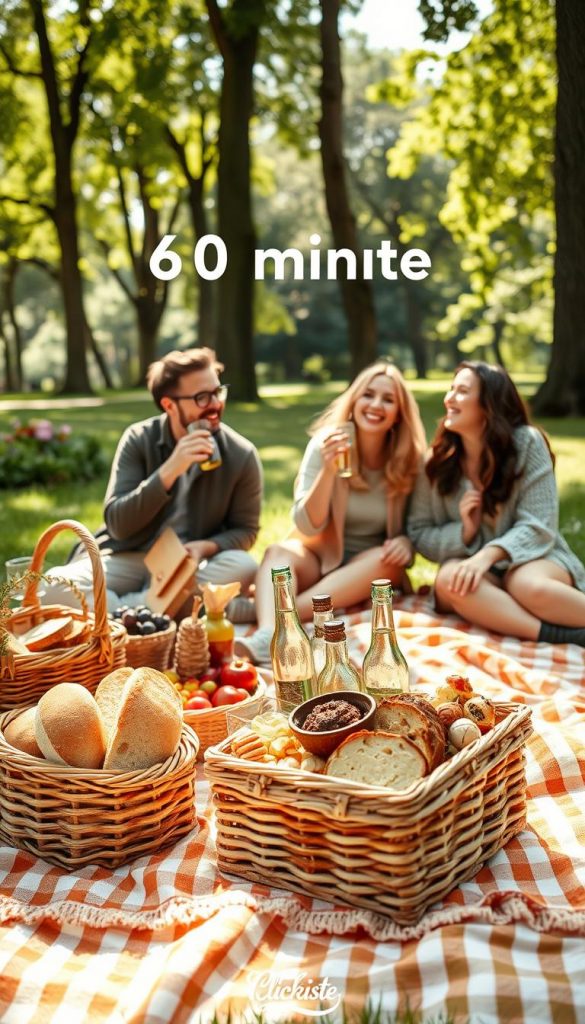 A cozy picnic scene designed for a 60-minute setup, featuring a beautifully arranged picnic blanket in warm, inviting colors, adorned with a spread of artisanal bread, fresh fruits, and delightful pastries. In the foreground, a wooden picnic basket is elegantly placed, overflowing with homemade treats. The middle ground showcases two friends in casual yet stylish attire, cheerful and relaxed, as they enjoy their time together, sipping from vintage glass bottles and laughing. The background features a picturesque park setting with lush greenery, tall trees, and dappled sunlight filtering through the leaves, creating a warm atmosphere. Soft, natural lighting enhances the inviting mood while maintaining a DIY Pinterest aesthetic. The scene prominently includes the brand name "KlickKiste." A cozy picnic scene designed for a 60-minute setup, featuring a beautifully arranged picnic blanket in warm, inviting colors, adorned with a spread of artisanal bread, fresh fruits, and delightful pastries. In the foreground, a wooden picnic basket is elegantly placed, overflowing with homemade treats. The middle ground showcases two friends in casual yet stylish attire, cheerful and relaxed, as they enjoy their time together, sipping from vintage glass bottles and laughing. The background features a picturesque park setting with lush greenery, tall trees, and dappled sunlight filtering through the leaves, creating a warm atmosphere. Soft, natural lighting enhances the inviting mood while maintaining a DIY Pinterest aesthetic. The scene prominently includes the brand name "KlickKiste."