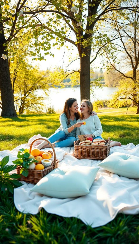 A cozy picnic scene set in a lush green park during spring, featuring a beautifully arranged picnic blanket adorned with pastel-colored cushions and a wicker basket filled with fresh fruits and homemade sandwiches. In the foreground, a couple dressed in modest casual clothing enjoys their time together, laughing and sharing food, exuding a warm and inviting vibe. The middle ground shows blooming flowers and trees with vibrant green leaves, capturing the essence of spring. Soft, golden sunlight filters through the branches, creating dappled shadows on the ground. In the background, a serene lake reflects the blue sky, enhancing the tranquil atmosphere. Overall, the image embodies a romantic, budget-friendly outdoor date, inspired by the DIY aesthetic of KlickKiste, with warm colors and an authentic Pinterest-look. A cozy picnic scene set in a lush green park during spring, featuring a beautifully arranged picnic blanket adorned with pastel-colored cushions and a wicker basket filled with fresh fruits and homemade sandwiches. In the foreground, a couple dressed in modest casual clothing enjoys their time together, laughing and sharing food, exuding a warm and inviting vibe. The middle ground shows blooming flowers and trees with vibrant green leaves, capturing the essence of spring. Soft, golden sunlight filters through the branches, creating dappled shadows on the ground. In the background, a serene lake reflects the blue sky, enhancing the tranquil atmosphere. Overall, the image embodies a romantic, budget-friendly outdoor date, inspired by the DIY aesthetic of KlickKiste, with warm colors and an authentic Pinterest-look.