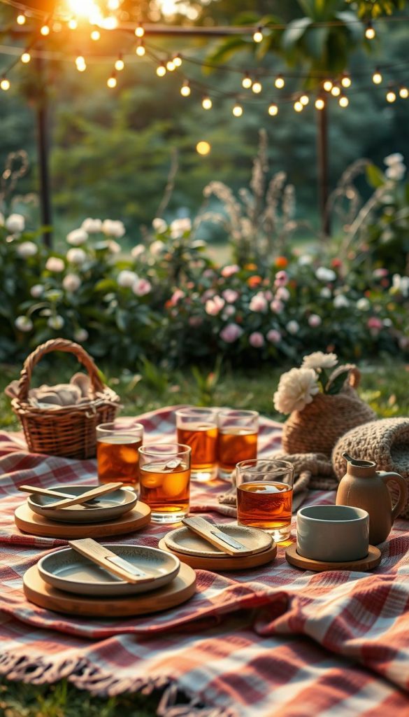 A cozy picnic setup in a serene outdoor setting, highlighted by warm, natural lighting that creates a welcoming ambiance. In the foreground, a beautifully arranged picnic blanket with an assortment of rustic plates, glasses filled with refreshing drinks, and quality utensils featuring wood and ceramic textures. The middle ground showcases an elegant array of atmospheric string lights gently draped above, casting a soft glow over the scene. In the background, lush greenery and delicate flowers enhance the inviting atmosphere, while hints of winter vibes add a touch of seasonal charm. Capture this moment with a shallow depth of field to emphasize the details and evoke feelings of warmth and inspiration. This image embodies the essence of "KlickKiste" with a natural DIY aesthetic, perfect for Pinterest. A cozy picnic setup in a serene outdoor setting, highlighted by warm, natural lighting that creates a welcoming ambiance. In the foreground, a beautifully arranged picnic blanket with an assortment of rustic plates, glasses filled with refreshing drinks, and quality utensils featuring wood and ceramic textures. The middle ground showcases an elegant array of atmospheric string lights gently draped above, casting a soft glow over the scene. In the background, lush greenery and delicate flowers enhance the inviting atmosphere, while hints of winter vibes add a touch of seasonal charm. Capture this moment with a shallow depth of field to emphasize the details and evoke feelings of warmth and inspiration. This image embodies the essence of "KlickKiste" with a natural DIY aesthetic, perfect for Pinterest.