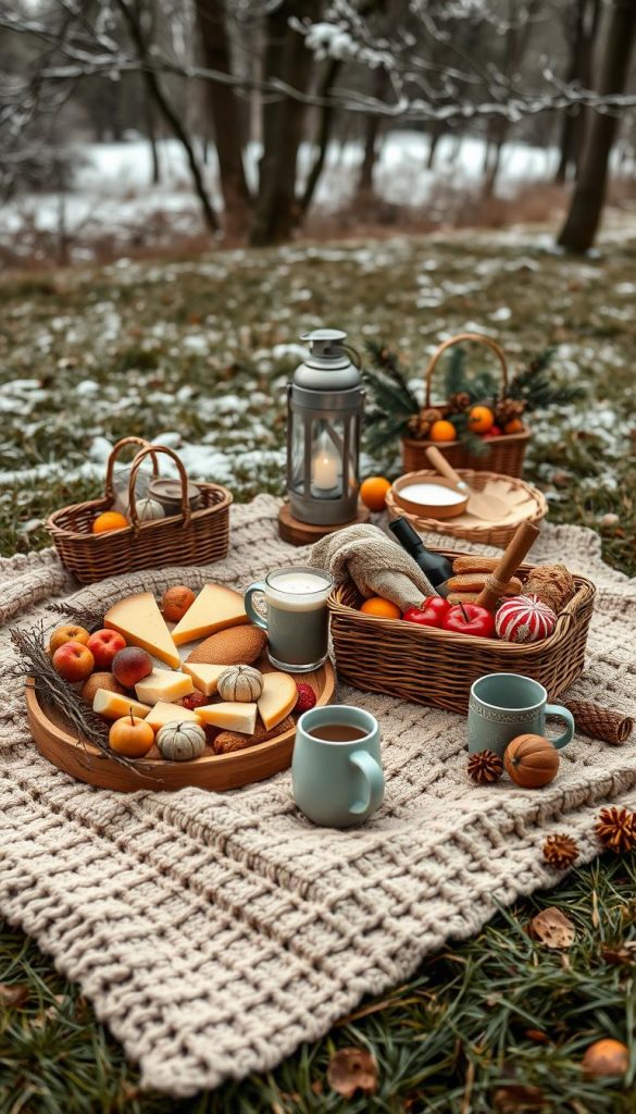 A cozy picnic setup in a winter scene featuring a plush, knitted blanket spread across a grassy clearing, adorned with natural elements like twigs and pine cones. In the foreground, a rustic wooden basket is overflowing with a variety of seasonal fruits, artisanal cheeses, and warmly wrapped sandwiches. A steaming thermos of hot cocoa sits nearby, alongside elegant ceramic mugs. The middle ground includes a softly glowing lantern, casting warm light, and a few tasteful holiday decorations like pine branches and dried oranges. In the background, snow-dusted trees lend a serene atmosphere, suggesting a peaceful outdoor retreat. Emphasize warm, inviting colors with soft lighting, reminiscent of a Pinterest-inspired aesthetic. The image should embody the brand KlickKiste, focusing on authenticity and inspiration. A cozy picnic setup in a winter scene featuring a plush, knitted blanket spread across a grassy clearing, adorned with natural elements like twigs and pine cones. In the foreground, a rustic wooden basket is overflowing with a variety of seasonal fruits, artisanal cheeses, and warmly wrapped sandwiches. A steaming thermos of hot cocoa sits nearby, alongside elegant ceramic mugs. The middle ground includes a softly glowing lantern, casting warm light, and a few tasteful holiday decorations like pine branches and dried oranges. In the background, snow-dusted trees lend a serene atmosphere, suggesting a peaceful outdoor retreat. Emphasize warm, inviting colors with soft lighting, reminiscent of a Pinterest-inspired aesthetic. The image should embody the brand KlickKiste, focusing on authenticity and inspiration.