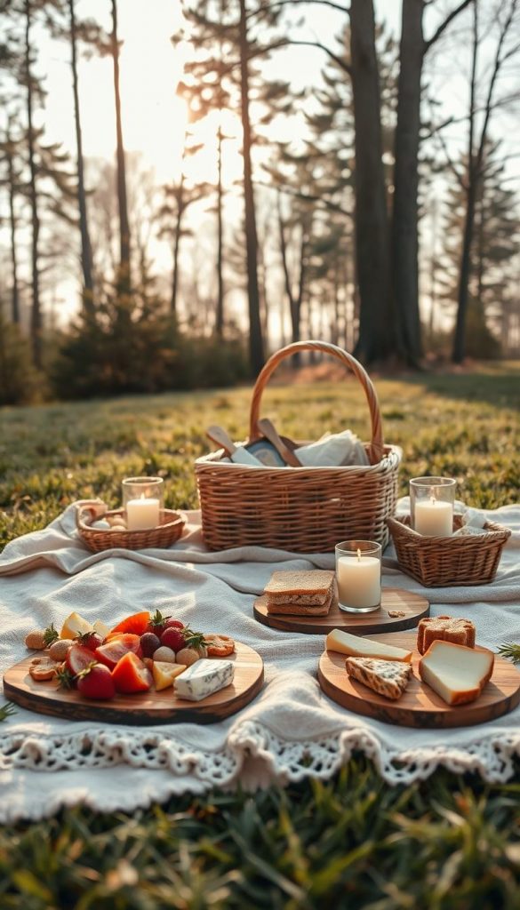 A cozy picnic setup inspired by DIY aesthetics, featuring a beautifully arranged blanket in soft, earthy tones spread over a grassy area. In the foreground, an array of delicious snacks, including fresh fruit, artisanal bread, and cheese, displayed on rustic wooden boards with delicate floral accents. The middle ground showcases a charming wicker basket filled with picnic essentials and warm, inviting candles. In the background, tall trees create a filter for soft sunlight, imparting a warm, golden glow to the scene, evoking a serene winter vibe. The overall mood should be warm and inviting, embodying the Pinterest aesthetic. Capture this scene with a slightly elevated angle, using natural lighting to enhance the warmth. Include the brand name "KlickKiste" subtly integrated into the picnic decor, ensuring a cozy and authentic atmosphere. A cozy picnic setup inspired by DIY aesthetics, featuring a beautifully arranged blanket in soft, earthy tones spread over a grassy area. In the foreground, an array of delicious snacks, including fresh fruit, artisanal bread, and cheese, displayed on rustic wooden boards with delicate floral accents. The middle ground showcases a charming wicker basket filled with picnic essentials and warm, inviting candles. In the background, tall trees create a filter for soft sunlight, imparting a warm, golden glow to the scene, evoking a serene winter vibe. The overall mood should be warm and inviting, embodying the Pinterest aesthetic. Capture this scene with a slightly elevated angle, using natural lighting to enhance the warmth. Include the brand name "KlickKiste" subtly integrated into the picnic decor, ensuring a cozy and authentic atmosphere.