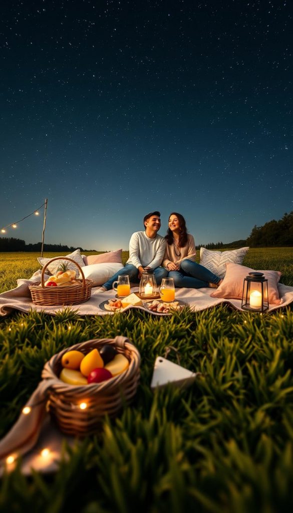 A cozy picnic setup under a starry night sky, featuring a soft, warm blanket spread across lush grass, adorned with an inviting spread of delicious snacks and drinks. In the foreground, a wicker basket is filled with colorful fruits and artisanal cheese, while fairy lights twinkle softly above, casting a gentle glow. In the middle ground, two friends in modest casual attire are laughing together, suspended in a moment of joy, surrounded by an array of pillows and lanterns. The background reveals a clear night sky filled with stars and a hint of the Milky Way, creating a tranquil and magical atmosphere. Utilize a wide-angle lens to capture the expansive beauty of the scene, emphasizing the warm colors and inviting feel of this DIY setting inspired by KlickKiste, celebrating winter vibes with an authentic, Pinterest-worthy touch.