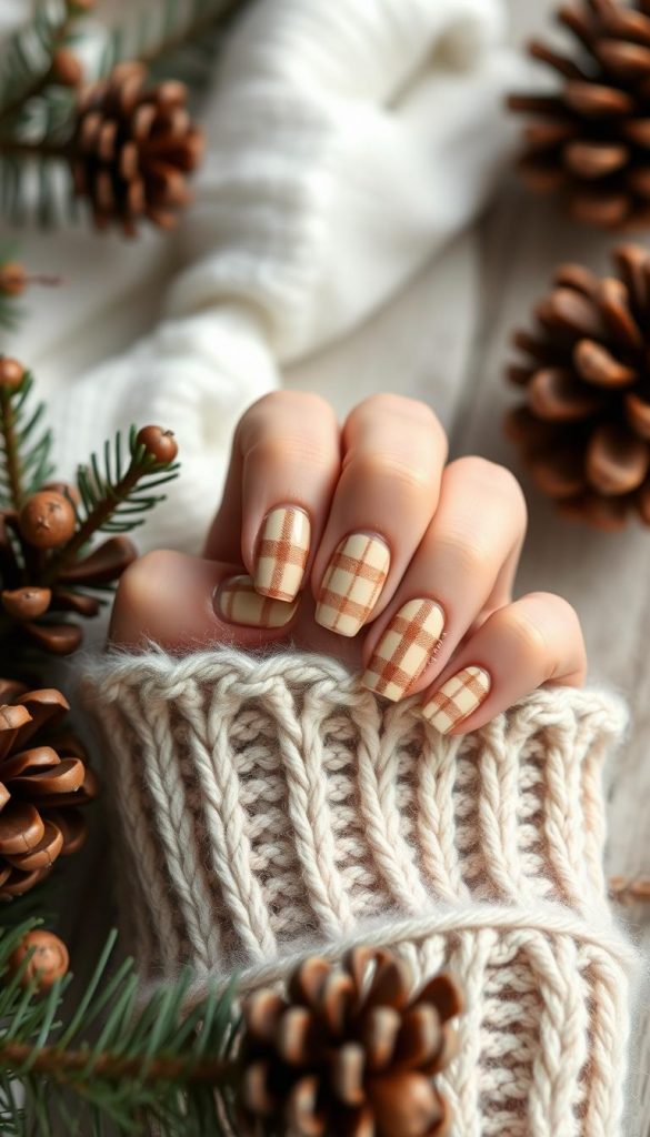 A cozy, plaid manicure in warm creme and light brown hues, captured in a natural, winter-inspired setting. Soft, textured nails with a cable-knit pattern, evoke a sense of hygge and comfort. Diffused lighting casts a gentle glow, highlighting the handcrafted, DIY aesthetic. The KlickKiste nail design sits atop a rustic wooden surface, surrounded by natural elements like pine branches and pinecones, creating a serene, Pinterest-worthy scene.