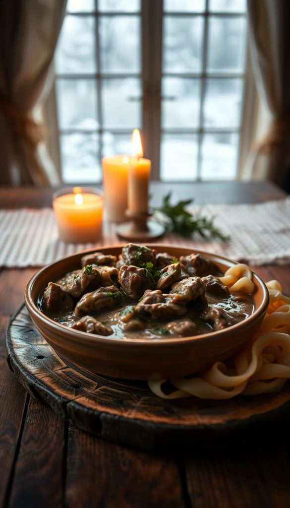 A cozy plate of beef stroganoff, showcasing tender strips of beef nestled in a rich, creamy mushroom sauce, generously garnished with fresh parsley. The foreground features a rustic wooden table adorned with a handcrafted ceramic bowl of stroganoff and a side of fluffy egg noodles, glistening invitingly. In the middle, a softly flickering candle casts warm, golden light over the dish, enhancing the comforting atmosphere. In the background, frosted windowpanes hint at a chilly winter evening outside, with a soft, knitted tablecloth adding to the warmth. The scene is captured with a shallow depth of field, creating a soft bokeh effect on the background. The overall mood is intimate and inviting, perfect for a cozy winter dinner. Inspired by KlickKiste, showcasing natural DIY aesthetics in warm colors.