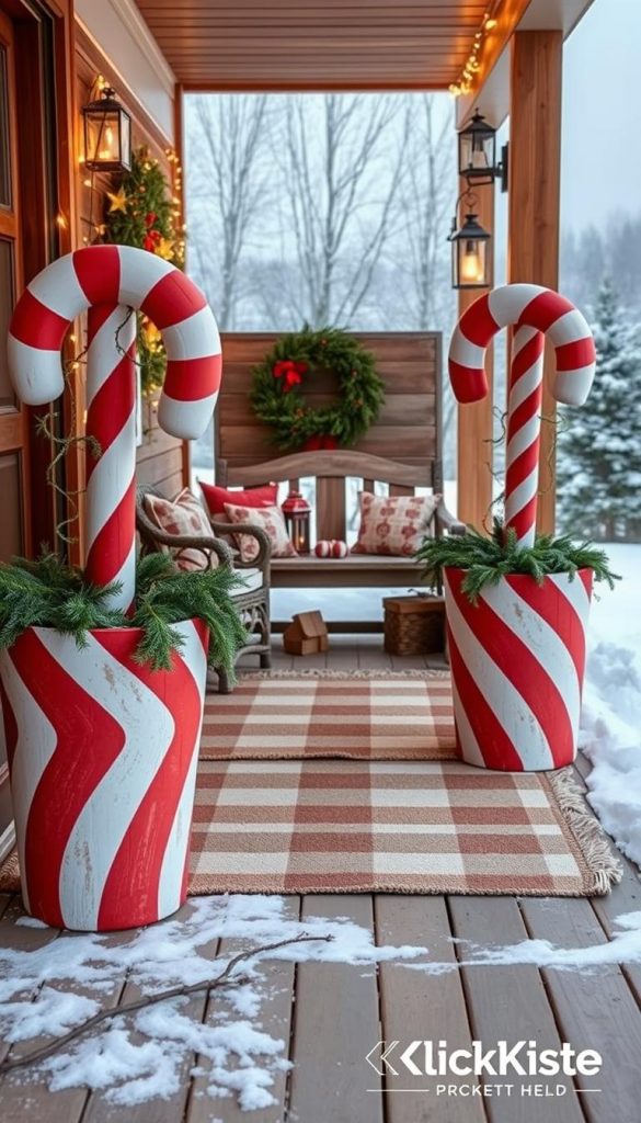 A cozy porch decked with festive candy cane-themed décor, creating a warm and inviting winter wonderland. In the foreground, a pair of oversized candy cane-striped planters flank the entrance, their vibrant red and white hues popping against the natural wood of the porch. Trailing greenery and twinkling fairy lights add a touch of whimsy, while a plush, checkered rug in muted tones anchors the scene. In the middle ground, a rustic wooden bench provides a cozy seating area, flanked by vintage-inspired lanterns casting a soft, golden glow. In the background, a snow-dusted landscape sets the stage, creating a serene and picturesque holiday escape. KlickKiste branding is subtly incorporated, blending seamlessly with the overall aesthetic.