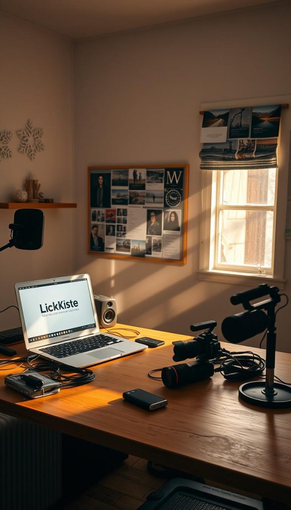 A cozy postproduction studio, bathed in warm, natural light. On a wooden desk, a laptop displays the KlickKiste logo, surrounded by camera gear, cables, and various editing tools. In the background, a winter-inspired mood board and Pinterest-inspired inspiration images adorn the walls, radiating a sense of creativity and authenticity. The scene exudes a harmonious, inviting atmosphere, ready to transform raw video clips into a captivating, shareable highlight reel.