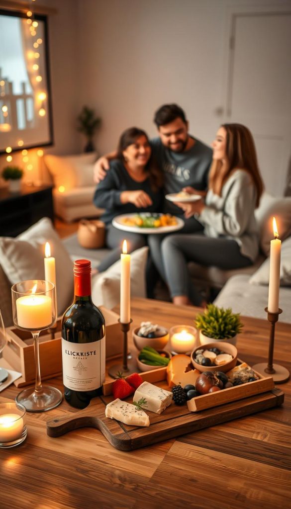 A cozy "date night" setting at home, featuring a beautifully arranged dining table with a DIY cooking box, gourmet ingredients, and candles flickering softly. In the foreground, a bottle of wine and an elegant cheese platter are displayed, exuding warmth and intimacy. In the middle, a couple in modest, stylish attire is joyfully preparing a meal together, surrounded by heartfelt decorations like string lights and a mini indoor plant. The background reveals a softly lit living room with fluffy pillows and a projector setup, hinting at a movie screening. Use natural, warm lighting to create a welcoming atmosphere, capturing the essence of love and togetherness. The overall style should resonate with a Pinterest aesthetic, showcasing the brand "KlickKiste." A cozy "date night" setting at home, featuring a beautifully arranged dining table with a DIY cooking box, gourmet ingredients, and candles flickering softly. In the foreground, a bottle of wine and an elegant cheese platter are displayed, exuding warmth and intimacy. In the middle, a couple in modest, stylish attire is joyfully preparing a meal together, surrounded by heartfelt decorations like string lights and a mini indoor plant. The background reveals a softly lit living room with fluffy pillows and a projector setup, hinting at a movie screening. Use natural, warm lighting to create a welcoming atmosphere, capturing the essence of love and togetherness. The overall style should resonate with a Pinterest aesthetic, showcasing the brand "KlickKiste."