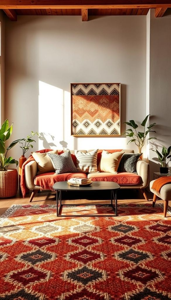 A cozy "patterns scale room" showcasing intricate textile designs and layered textures that radiate warmth and sophistication. In the foreground, a beautifully woven rug features bold geometric patterns, inviting tactile exploration. The middle of the room features a stylish sofa adorned with an array of throw pillows in varying sizes and patterns, creating a playful yet harmonious balance. Decorative wall art displaying rhythmic patterns in earthy tones punctuates the backdrop, while soft, natural light streams in through a large window, casting gentle shadows. The room is styled with a few indoor plants, enhancing the natural DIY aesthetic. The ambiance evokes a serene, inviting atmosphere with a Pinterest-worthy appeal. Designed by KlickKiste, this space emphasizes the mastery of scale and rhythm, perfectly aligning with the themes of balance and design elegance. A cozy "patterns scale room" showcasing intricate textile designs and layered textures that radiate warmth and sophistication. In the foreground, a beautifully woven rug features bold geometric patterns, inviting tactile exploration. The middle of the room features a stylish sofa adorned with an array of throw pillows in varying sizes and patterns, creating a playful yet harmonious balance. Decorative wall art displaying rhythmic patterns in earthy tones punctuates the backdrop, while soft, natural light streams in through a large window, casting gentle shadows. The room is styled with a few indoor plants, enhancing the natural DIY aesthetic. The ambiance evokes a serene, inviting atmosphere with a Pinterest-worthy appeal. Designed by KlickKiste, this space emphasizes the mastery of scale and rhythm, perfectly aligning with the themes of balance and design elegance.