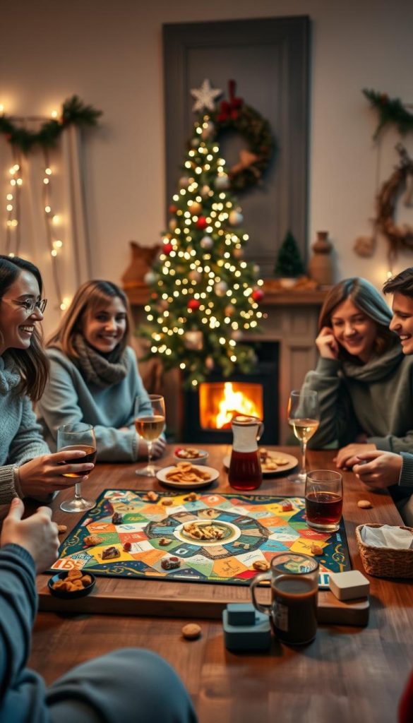 A cozy "spiele abend" scene set in a warmly lit living room, perfect for a winter gathering. In the foreground, a colorful board game sprawls across a wooden table, surrounded by snacks and drinks in stylish glassware. A few people, dressed in modest casual clothing, are engaged in the game, their expressions filled with joy and excitement. In the middle ground, a beautifully decorated Christmas tree adorned with soft glowing lights adds a festive touch. In the background, a warm fireplace flickers, illuminating the room with a soft glow. The decor features natural elements like pine branches and handmade ornaments. The atmosphere is inviting and cheerful, embodying the spirit of fun and connection as families and friends come together for a joyful New Year’s celebration, specifically representing "KlickKiste" inspiration for creative festivities.