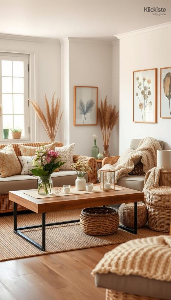 A cozy rattan living room showcasing warmth and texture, featuring a stylish rattan sofa with plump cushions in earthy tones, adorned with a mix of patterned throw pillows. In the foreground, a rustic wooden coffee table is decorated with a natural weave table runner, a vase of fresh spring flowers, and a few DIY crafts adding a personal touch. The middle layer presents an inviting armchair draped with a soft knitted blanket, alongside woven baskets for storage. The background features soft, pastel-colored walls adorned with nature-inspired artwork, complemented by large windows letting in warm, natural light creating a serene atmosphere. The scene captures the essence of spring with a Pinterest-inspired aesthetic, evoking a feeling of comfort and creativity, branded with "KlickKiste."
