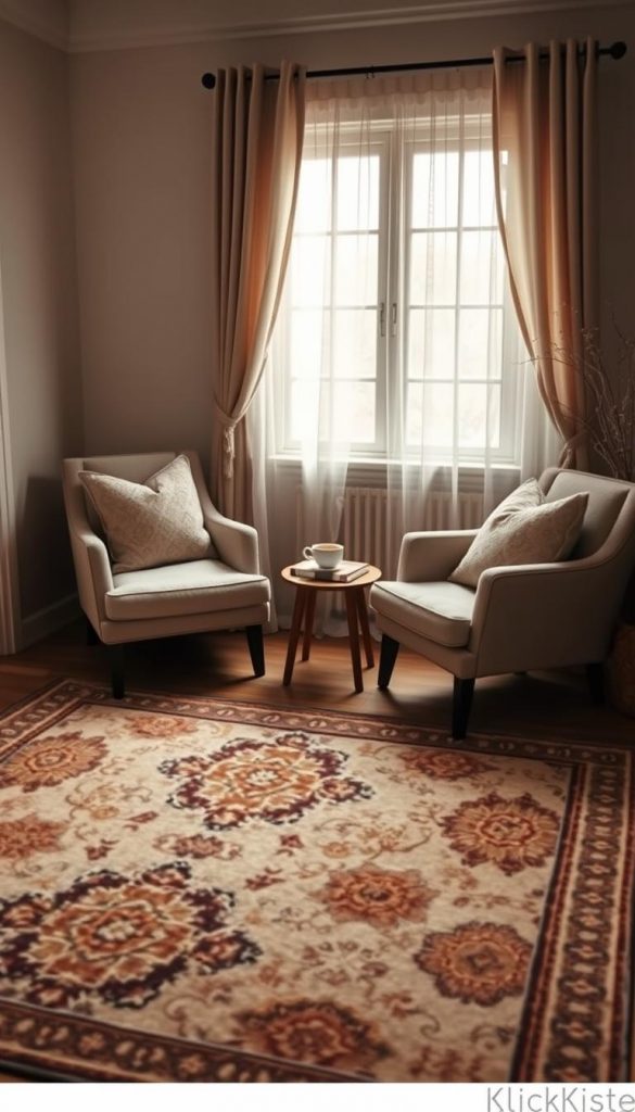 A cozy reading corner featuring a beautifully crafted area rug, adding warmth and texture to the space. In the foreground, the rug is adorned with intricate patterns in soft, warm colors that evoke a winter vibe. In the middle, a pair of comfortable armchairs with plush upholstery sit atop the rug, next to a small wooden side table holding a steaming cup of tea and a few books. The background showcases a window draped with sheer curtains, allowing soft, diffused natural light to filter in, creating an inviting atmosphere. The ambiance is serene and inspirational, perfect for a cozy winter reading nook. The overall image reflects the natural DIY aesthetic of KlickKiste, emphasizing comfort and style.