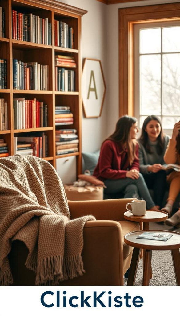 A cozy reading corner in winter, featuring a beautiful wooden shelving unit filled with neatly arranged books and soft, colorful blankets. In the foreground, a plush armchair draped with a textured throw, alongside a small wooden side table holding a steaming mug of tea. Friends’ or family members in modest casual clothing are seated near the chair, engaged in conversation. The background reveals a softly lit window with gently falling snowflakes, casting a warm glow in the room. Use warm colors throughout the scene to evoke a feeling of comfort, complemented by soft lighting reminiscent of a late afternoon sun, captured with a slightly blurred focus for a dreamy look. Authentic DIY aesthetic inspired by Pinterest, reflecting a lifestyle brand, "KlickKiste".
