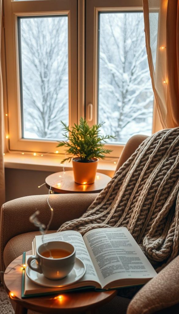A cozy reading corner in winter, featuring a plush armchair draped with a knitted blanket. The foreground shows a steaming cup of herbal tea and an open book on a small wooden side table. In the middle, a lush potted plant adds a touch of green, while soft fairy lights create a warm ambiance. The background includes a snowy window view, with falling snowflakes and a hint of a frost-kissed tree. The lighting is soft and golden, mimicking the glow of a fireplace, casting gentle shadows that evoke a peaceful, introspective mood. This image embodies a natural DIY aesthetic with warm colors and winter vibes, capturing the essence of winter reading rituals in an inspiring and inviting way for KlickKiste.