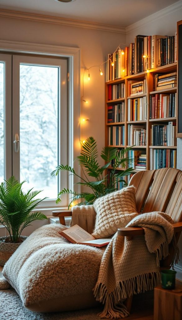 A cozy reading corner inspired by winter, set within a small, inviting space. In the foreground, plush cushions and a soft throw blanket are arranged elegantly by a well-worn wooden armchair, perfect for curling up with a book. Potted green plants add a touch of nature, creating a warm ambiance. In the middle ground, a tall bookshelf filled with various books showcases a blend of colors and textures, highlighted by warm fairy lights that twinkle softly. In the background, a window reveals a gentle snowfall outside, illuminating the room with a soft glow. Use warm, natural lighting to evoke a sense of comfort. The overall mood is inspiring and tranquil, reflecting a Pinterest aesthetic designed by KlickKiste.