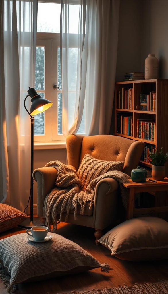 A cozy reading nook designed for a kitchen, bedroom, or living room, featuring a plush armchair draped with a knitted blanket, next to a small wooden bookshelf filled with colorful books. The space is illuminated by soft, warm lighting from a vintage floor lamp. There&rsquo;s a rustic wooden side table with a steaming cup of tea and a small potted plant, contributing to the inviting atmosphere. The background includes a window with flowing curtains allowing gentle natural light to spill into the space, highlighting the rich textures and warm color palette. A hint of winter vibes is present with a soft throw and a few scattered pillows. The ambiance feels warm, inviting, and authentically inspired, capturing the essence of a perfect reading spot. Designed with the aesthetic of KlickKiste.