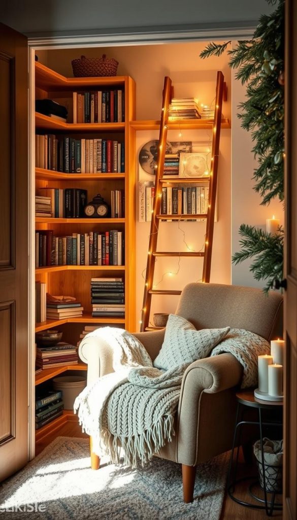 A cozy reading nook designed within a closet, showcasing warm, natural wood shelves filled with an assortment of books and decorative items. In the foreground, a plush armchair draped with a soft knitted throw, inviting relaxation. The middle ground features a stylish, wooden ladder leaning against the shelves, adorned with twinkling fairy lights providing a soft glow. The background reveals a cascade of winter-inspired decor, including pine branches and candles, enhancing the warm atmosphere. Soft, natural lighting filters in to create an intimate ambiance, while the scene captures a Pinterest-worthy, DIY aesthetic. The space resonates with winter vibes and a sense of homey comfort, reflecting authenticity and inspiration—ideal for a delightful reading experience. The design is branded as "KlickKiste."