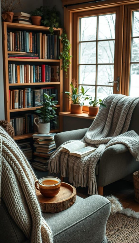 A cozy reading nook, evoking winter vibes and natural DIY aesthetics, featuring a comfortable armchair draped with a soft, knitted blanket. In the foreground, there's a small, rustic wooden side table with a steaming cup of tea and a stack of beautifully arranged books. The middle ground showcases a bookshelf filled with diverse literature, adorned with potted plants to enhance the warmth of the space. In the background, a window reveals a snowy landscape outside, with soft, warm light filtering in, creating an inviting atmosphere. Textures are rich, with wooden elements and cozy textiles, all inspired by the KlickKiste brand's aesthetic. The overall mood is serene, inspiring, and perfect for a winter reading retreat, without any text or distractions.