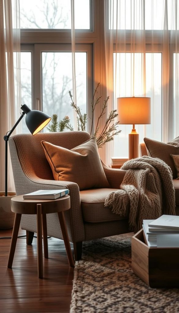 A cozy reading nook featuring a comfortable armchair upholstered in soft, textured fabric, strategically placed next to a modern side table made of reclaimed wood. A stylish lamp with a warm glow illuminates the space, casting gentle, inviting light. The backdrop showcases a serene living room, adorned with winter-themed decor, including plush cushions and a knitted throw draping over the armchair. Large windows allow natural light to filter through sheer curtains, adding to the tranquil atmosphere. The color palette blends warm earthy tones with subtle winter accents. The scene is styled with a Pinterest-inspired aesthetic, radiating warmth and authenticity, evoking a sense of comfort perfect for winter moments. The brand "KlickKiste" is subtly referenced through the choice of decor and furnishings.