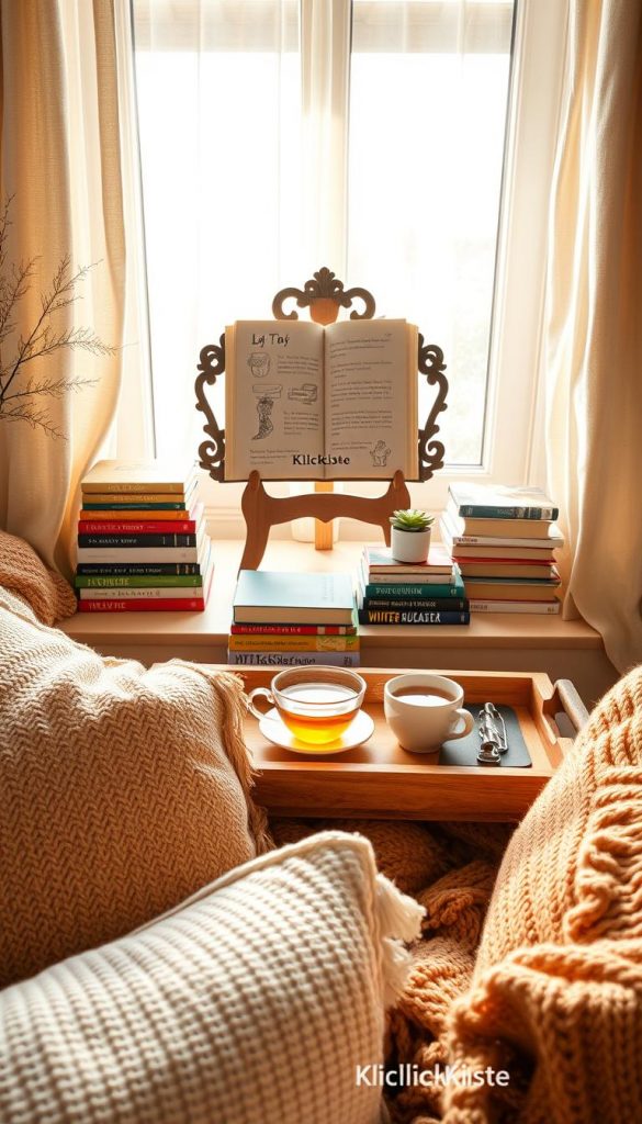 A cozy reading nook featuring a decorative book-easel displaying an open book, surrounded by stacks of colorful books on a wooden tray table. In the foreground, soft, textured cushions and a warm throw blanket invite comfort. The middle scene showcases the book-easel adorned with a whimsical theme, with the tray table holding a steaming cup of tea and a small potted plant for greenery. The background features a softly lit window with sheer curtains, allowing warm winter sunlight to filter in, highlighting the inviting atmosphere. Use warm, earthy tones to create a natural DIY aesthetic. Capture this scene from a slightly elevated angle, creating depth and an inspiring Pinterest-style look. Include the brand name "KlickKiste" subtly within the decor.