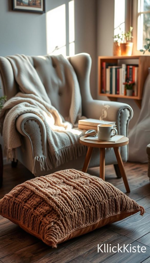 A cozy reading nook featuring a plush armchair adorned with a soft blanket and a stack of books. In the foreground, a warm, knitted cushion rests on a rustic wooden floor. The middle layer showcases a small side table with a steaming mug of tea and a flickering candle, inviting relaxation. Natural light streams through a nearby window, casting gentle shadows and highlighting the warm colors of the room. In the background, a shelf filled with books and a potted plant add an organic touch. The atmosphere is serene and warm, evoking winter vibes that inspire comfort and creativity. This image reflects an authentic DIY aesthetic, perfect for a Pinterest look, branded with "KlickKiste."
