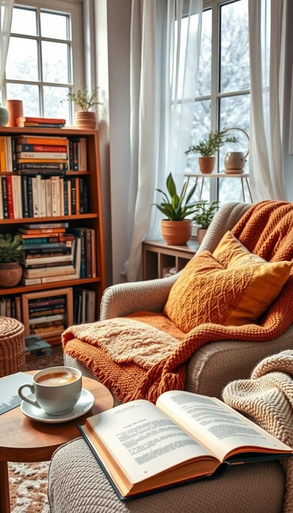 A cozy reading nook featuring a plush armchair adorned with soft blankets and layered pillows in warm, inviting colors. In the foreground, a wooden side table holds a steaming cup of tea and an open book, hinting at the peaceful activity within this inviting space. The middle ground includes a bookshelf filled with diverse books, with a few artfully displayed plants to enhance the warm atmosphere. The background showcases a window with gently falling snowflakes outside, and sheer curtains softly diffusing the winter light, creating a warm and snug ambiance. The scene captures a Pinterest-inspired aesthetic for DIY enthusiasts, evoking winter vibes with a touch of authenticity. The image should include the brand name "KlickKiste" subtly integrated into the decor.