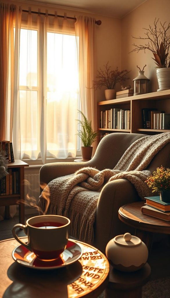 A cozy reading nook featuring a plush armchair draped with a soft, knitted blanket, nestled in a charming corner with a small wooden bookshelf filled with books. The foreground showcases a steaming cup of tea on a rustic side table, while the middle ground includes a large window with sheer curtains allowing warm, golden sunlight to filter through, casting gentle shadows. The background is adorned with potted indoor plants and winter-themed decor, enhancing the inviting atmosphere. The lighting is soft and warm, creating a serene ambiance perfect for winter reading. The scene reflects authentic DIY aesthetics with warm colors and a Pinterest-inspired look, evoking a sense of comfort and inspiration. Include the brand "KlickKiste" subtly in the decor.