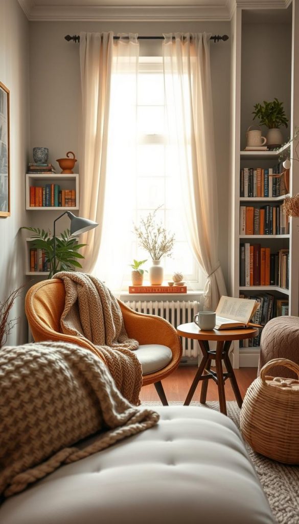 A cozy reading nook featuring an inviting Egg Chair and a plush, cushioned bench in warm, earthy tones. The foreground includes a beautifully textured knitted throw draped over the chair and a small, rustic wooden side table with a steaming mug of tea and an open book. In the middle ground, soft, natural light filters through a large window adorned with sheer curtains, illuminating the space and casting gentle shadows. Surroundings feature carefully arranged bookshelves filled with various books, plants for a touch of greenery, and ambient decor to create a comforting atmosphere. The background presents a soft, muted color palette with homely accents. Capture the essence of winter vibes, with an overall Pinterest-inspired aesthetic that feels authentic and inspiring. This image represents KlickKiste&rsquo;s vision of a serene reading space.