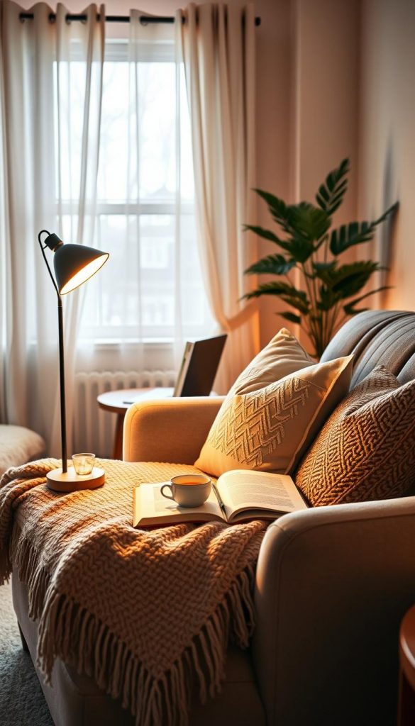 A cozy reading nook in a stylish bedroom, featuring a "KlickKiste" Leseecke lamp casting warm and inviting light. In the foreground, a plush, oversized armchair adorned with a soft, knitted throw blanket and decorative pillows. The middle section shows a small wooden side table with a steaming cup of tea and an open book, illuminated by the lamp's gentle glow. The background features soft pastel-colored walls, a window with sheer curtains letting in soft winter light, and a lush potted plant to add life. The overall atmosphere evokes a sense of warmth and tranquility, perfect for curling up with a good book. Use a soft focus lens effect to enhance the cozy vibe, capturing the serene and inviting mood of a DIY bedroom retreat.