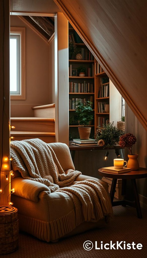 A cozy reading nook nestled under a staircase, designed with natural materials and warm colors for an inviting winter atmosphere. The foreground features a plush armchair with soft, knitted blankets draped over it, accompanied by a small, rustic side table holding a steaming mug of tea and a stack of books. The middle ground shows the staircase, adorned with twinkling fairy lights, enhancing the secretive, comfortable vibe. In the background, a dimly lit space filled with shelves of books and potted plants creates a tranquil ambiance. Soft, natural lighting filters through a nearby window, casting gentle shadows. The scene embodies a warm, inviting Pinterest aesthetic. Create with a focus on authenticity and inspiration. Brand name: KlickKiste.