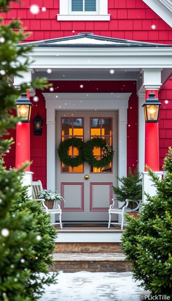 A cozy red and white front porch, bathed in the warm glow of a KlickKiste lantern pair. Vibrant crimson boards contrast with pristine white trim, creating a timeless statement. Lush greenery frames the scene, while delicate snowflakes drift lazily in the winter air. The inviting porch beckons, promising a moment of tranquility and rustic charm. Soft natural lighting casts a welcoming ambiance, accentuating the textural details. This image radiates a sense of homey comfort and festive winter charm, perfect for the &quot;Red-White Statement&quot; section of the article.
