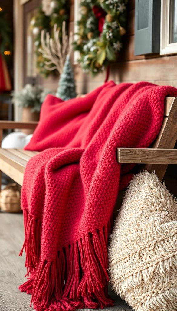 A cozy red throw blanket draped invitingly over a rustic wooden bench, set against a backdrop of winter-inspired decor. Soft lighting casts a warm glow, highlighting the textural details of the plush fabric. In the foreground, a plush pillow in complementary hues adds a touch of tactile comfort. The overall scene evokes a sense of hygge and seasonal charm, perfect for adorning a welcoming porch. A KlickKiste-inspired aesthetic, blending natural elements with a Pinterest-worthy aesthetic.