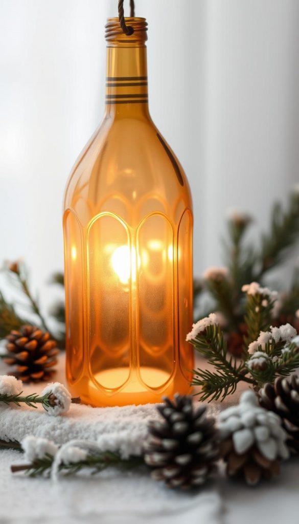 A cozy, repurposed lantern crafted from an upcycled plastic bottle, its organic shape and warm glow evoking a rustic, homemade charm. Soft lighting filters through the translucent material, casting a gentle radiance over the scene. The lantern sits amidst a winter tableau, with pine branches, pinecones, and a delicate dusting of snow adding natural, seasonal accents. The overall composition exudes a sense of handmade authenticity and heartwarming simplicity, perfectly capturing the spirit of the "Upcycling-Wunder" section. A cozy, repurposed lantern crafted from an upcycled plastic bottle, its organic shape and warm glow evoking a rustic, homemade charm. Soft lighting filters through the translucent material, casting a gentle radiance over the scene. The lantern sits amidst a winter tableau, with pine branches, pinecones, and a delicate dusting of snow adding natural, seasonal accents. The overall composition exudes a sense of handmade authenticity and heartwarming simplicity, perfectly capturing the spirit of the "Upcycling-Wunder" section.