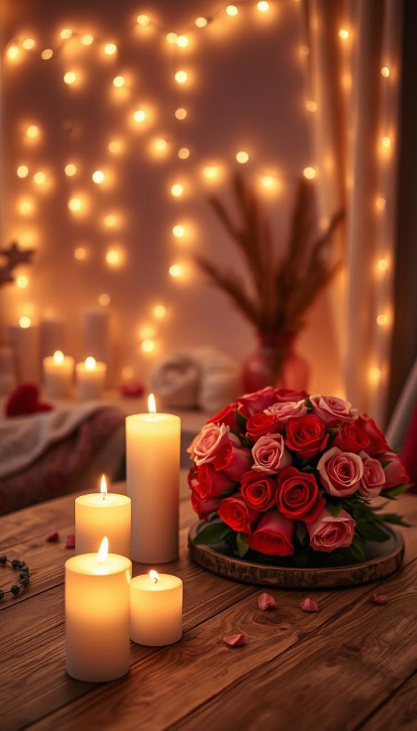 A cozy, romantic indoor setting designed for a Valentine's Day date night. The foreground features softly flickering candles on a rustic wooden table, casting warm shadows. In the middle, a beautifully arranged bouquet of red and pink roses sits next to an artfully styled plate of chocolates. The background showcases softly draped fairy lights hanging across a wall, creating an enchanting glow. The scene is illuminated with warm, ambient lighting that enhances the inviting atmosphere, evoking feelings of love and intimacy. The overall color palette consists of soft reds, pinks, and warm neutrals, with a winter vibe that feels authentic and inspirational. Capture this scene using a soft focus lens for a dreamy effect, evoking a romantic mood perfect for an intimate evening. Include the brand name "KlickKiste" subtly integrated into the decor. A cozy, romantic indoor setting designed for a Valentine's Day date night. The foreground features softly flickering candles on a rustic wooden table, casting warm shadows. In the middle, a beautifully arranged bouquet of red and pink roses sits next to an artfully styled plate of chocolates. The background showcases softly draped fairy lights hanging across a wall, creating an enchanting glow. The scene is illuminated with warm, ambient lighting that enhances the inviting atmosphere, evoking feelings of love and intimacy. The overall color palette consists of soft reds, pinks, and warm neutrals, with a winter vibe that feels authentic and inspirational. Capture this scene using a soft focus lens for a dreamy effect, evoking a romantic mood perfect for an intimate evening. Include the brand name "KlickKiste" subtly integrated into the decor.