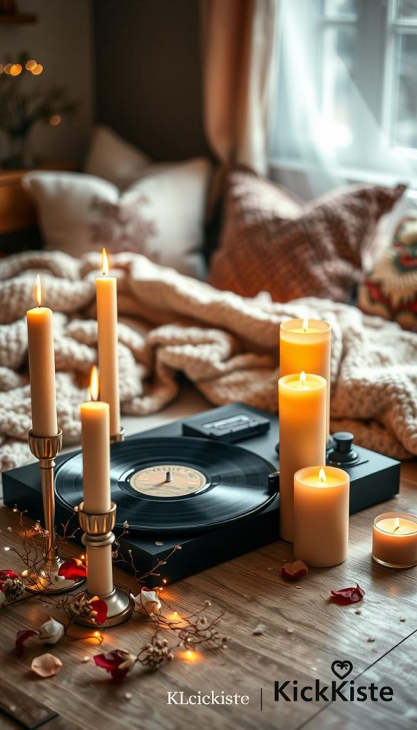 A cozy, romantic scene featuring beautifully arranged scented candles in warm colors, emitting a soft, inviting glow. The foreground showcases several elegant candles of varying heights, surrounded by delicate decorative elements like petals and small fairy lights. In the middle, a stylish turntable sits with a vinyl record labeled “Personal Playlist”, alongside a vintage audio cassette, creating a nostalgic atmosphere. The background hints at a softly lit bedroom, draped with plush blankets and accent pillows, all in warm, winter-inspired tones. Use natural lighting to create a dreamlike ambiance, with a slight bokeh effect. This image should evoke intimacy and inspiration, perfect for a romantic setting, and prominently display a subtle brand logo for "KlickKiste" in the bottom corner.