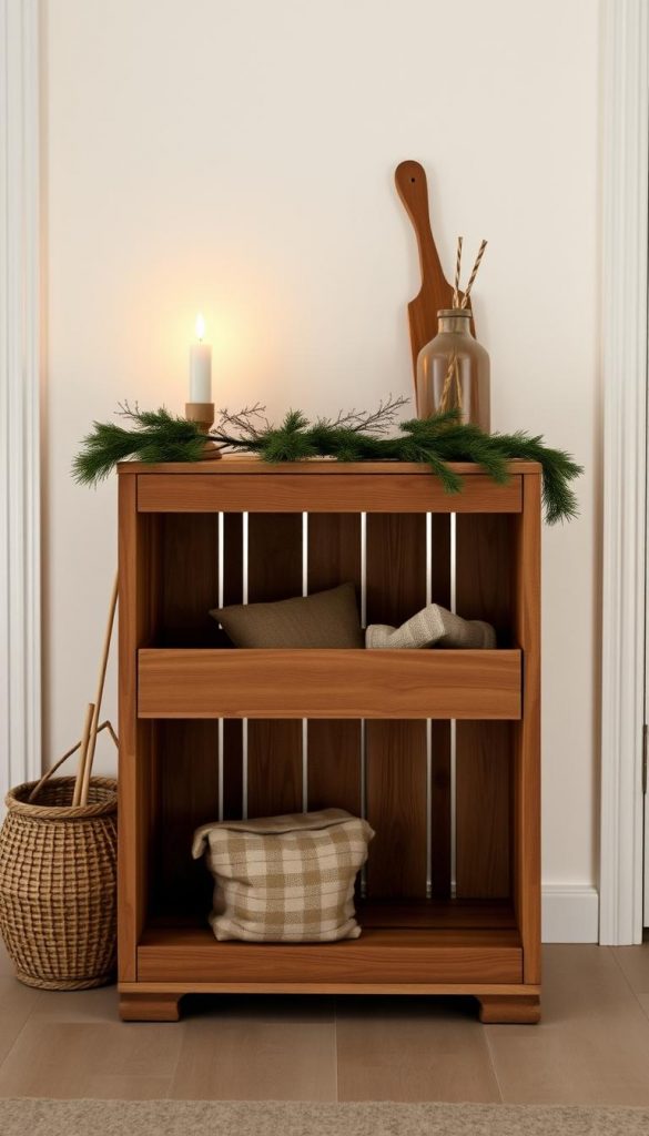 A cozy, rustic DIY Skandi bank crafted from sturdy KlickKiste crates. The natural wood grain and clean, minimalist design create a warm, inviting atmosphere. Soft, diffused lighting casts a serene winter glow, with a touch of that coveted Pinterest aesthetic. The bank stands in a simple, uncluttered setting, its clean lines and neutral tones complementing the Scandinavian-inspired decor. Subtle textures and earthy hues evoke a sense of hygge and handcrafted charm. This practical, stylish piece is the perfect functional and fashionable addition to any entryway or living space.