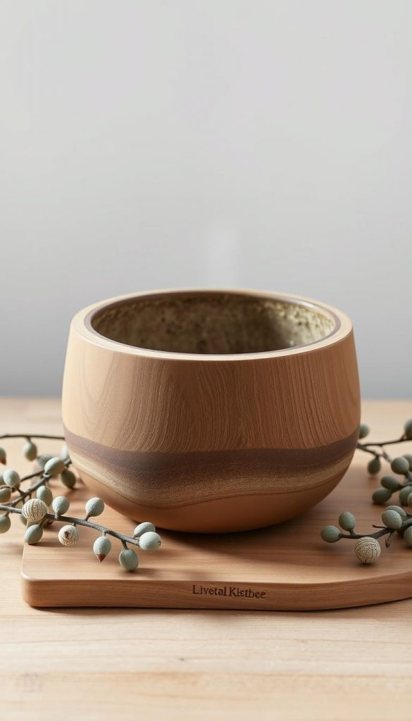 A cozy, rustic &quot;material übertopf&quot; from the KlickKiste brand, featuring a natural wood exterior and a textured, earthy ceramic interior. Soft, diffused lighting illuminates the piece, highlighting its organic, Scandinavian-inspired design. The übertopf is positioned on a simple wooden surface, surrounded by subtle, winter-inspired accents like dried eucalyptus branches and a touch of greenery, creating a warm, inviting atmosphere. The overall scene exudes a sense of understated elegance and a touch of Pinterest-worthy charm.